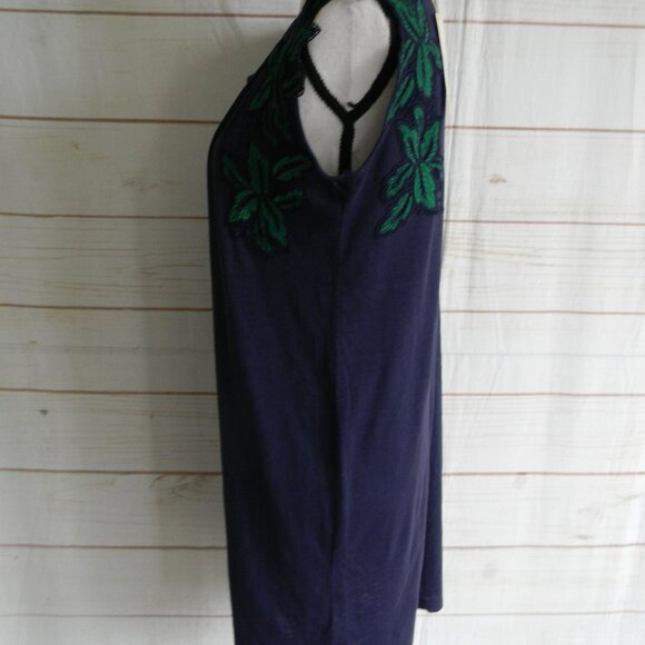 NWT C&C CALIFORNIA  BLUE COTTON AIRY DRESS GREEN EMBROIDERED LEAVES TROPICAL - Picture 3 of 6